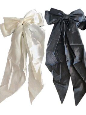 Silky Satin Hair Bows 2-Pack Oversized White & Black Ribbon Clips for Women